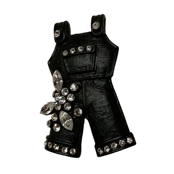 Black Overalls Brooch Pin Metal Crystal Clear Rhinestones Bling Fashion RARE - Picture 6 of 6